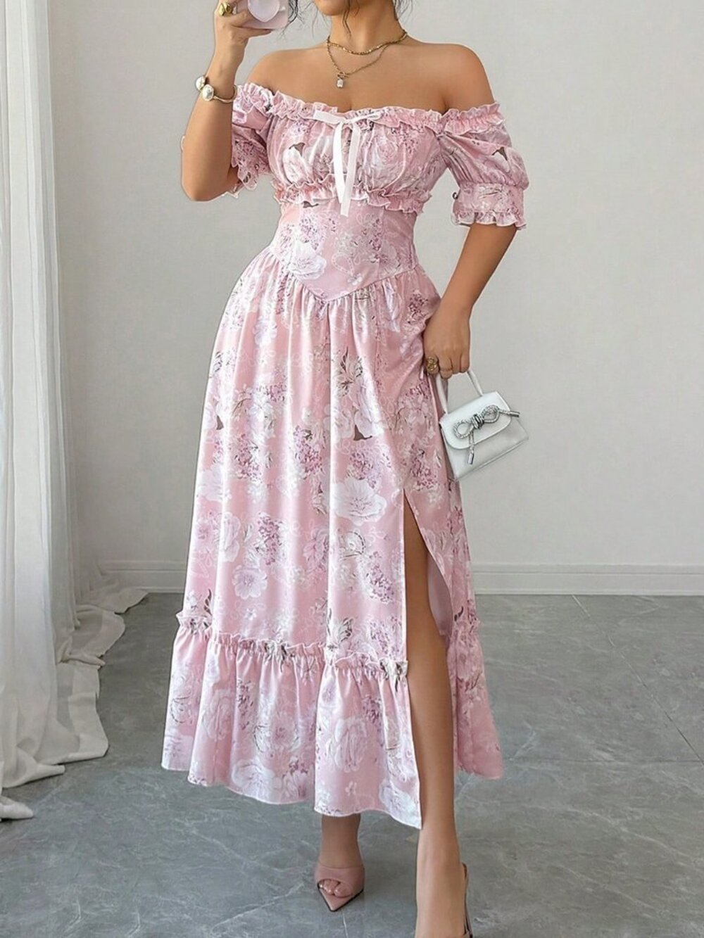 Pink Boho Women's Off-Shoulder Ruffle Bow A-Line Floral Dress - Picture 7 of 10